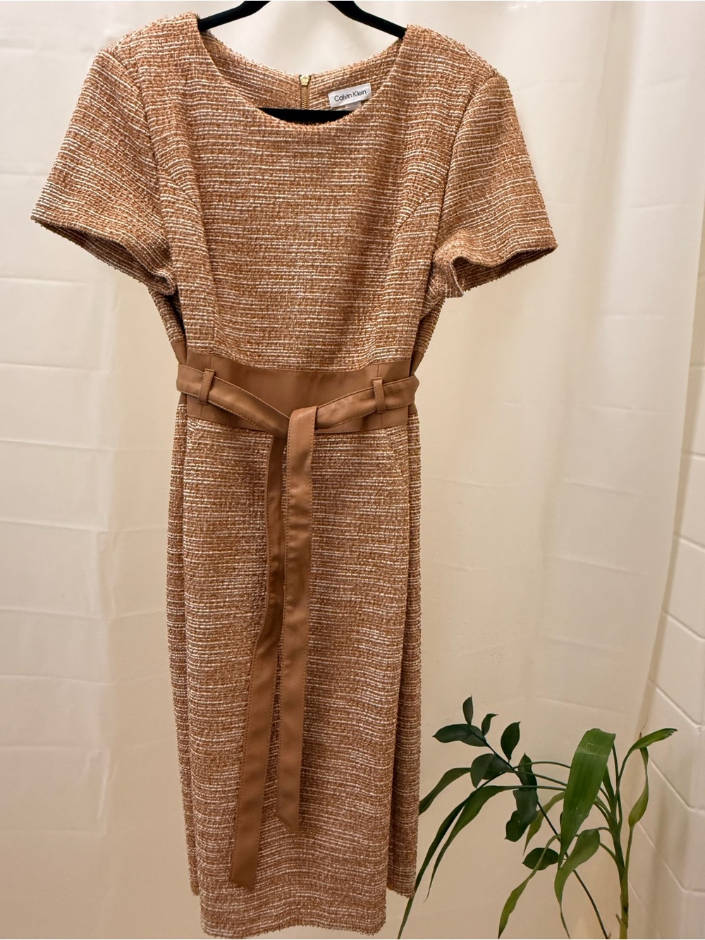 Calvin Klein Camel/Tan Textured Belted Midi Dress